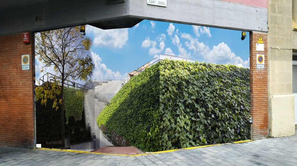 Antes y después - Boceto - Decoración graffiti profesional parking Naturaleza Barcelona ARTEEXTRA 2021
