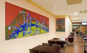Cuadro persoalizado para interior restaurante con skyline Barcelona en lienzo pintura acrílica ArteExtra
