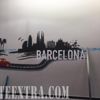 Decoración profesional mural skyline Barcelona restaurante en Barcelona por ArteExtra