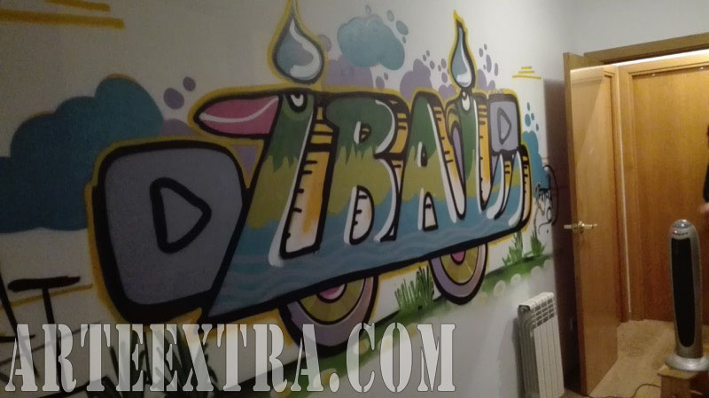 Detalle mural personalizado letras graffiti nombre niño Ibai en Cornellà 2017