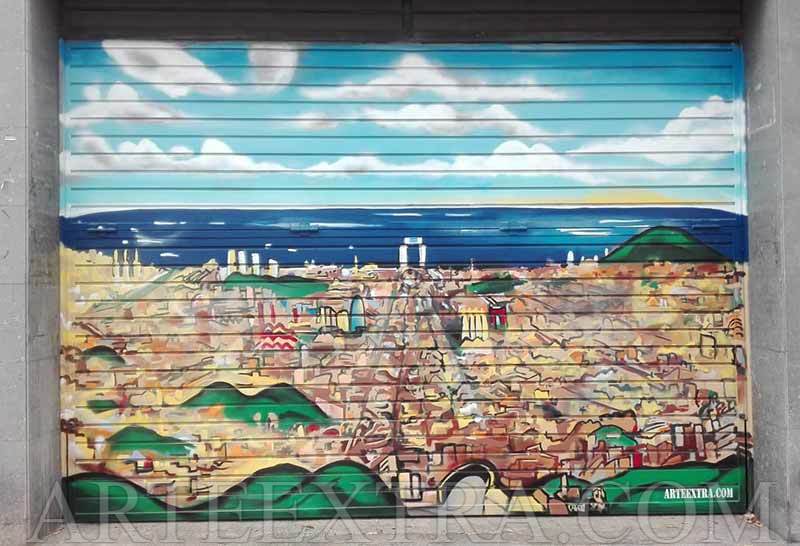 Graffiti panoramica skyline Barcelona en puerta metalica parking Sagrera por ArteExtra 1