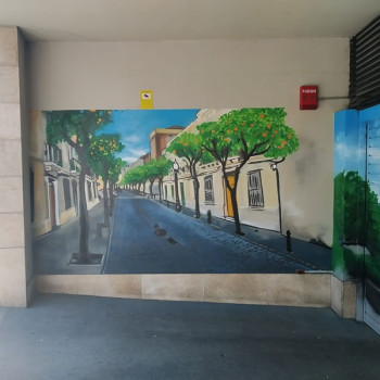 Mural pintado entrada parking comuntario Sant Andreu Barcelona