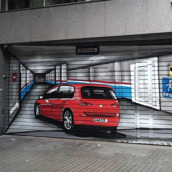 Puerta de parking doble decorada trampantojo interior con senalectica en graffiti por ArteExtra - 1