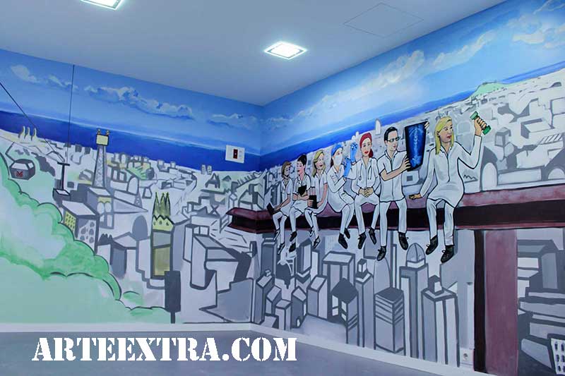 Mural interior Mutua Universal en graffiti por ARTEEXTRA en Barcelona